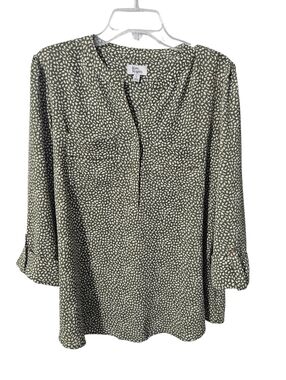 Kim Rogers Size Lg Olive & White Patterned Top Roll-tab Sleeves & Notch Neckline